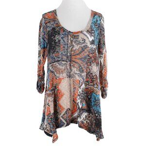 Studio Sz S Aqua Orange Multi Scoop Patch Pockets Asymmetric Poly Blend Knit Top